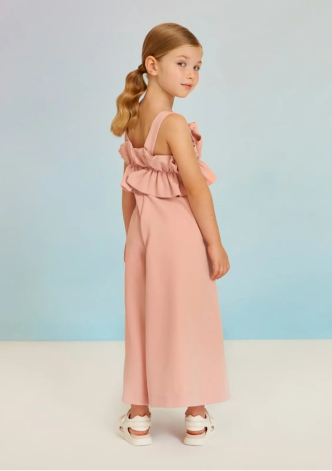 Abel & Lula Girls Pale Pink Crepe Ruffle Jumpsuit