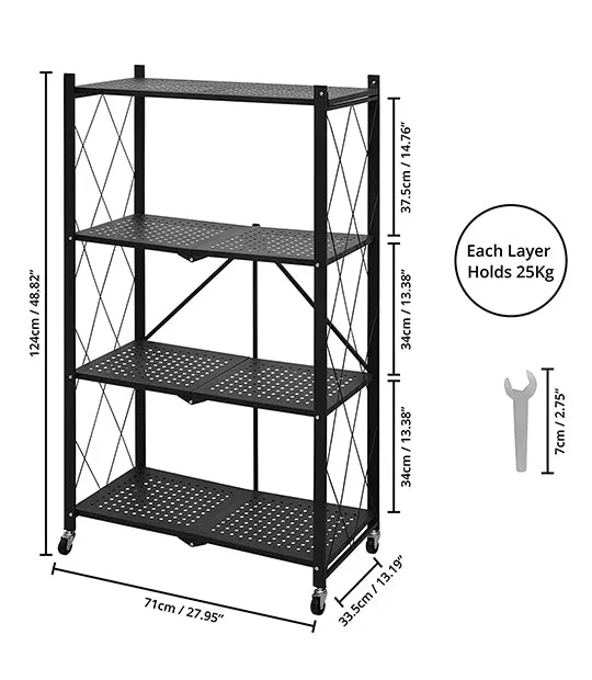 ABOUT SPACE Metal Rack for Storage - 4 Tier Space Saving Stand with Caster Wheels & Spanner (L 71 x W 33.5 x H 124 cm)