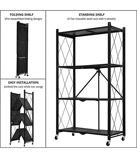 ABOUT SPACE Metal Rack for Storage - 4 Tier Space Saving Stand with Caster Wheels & Spanner (L 71 x W 33.5 x H 124 cm)