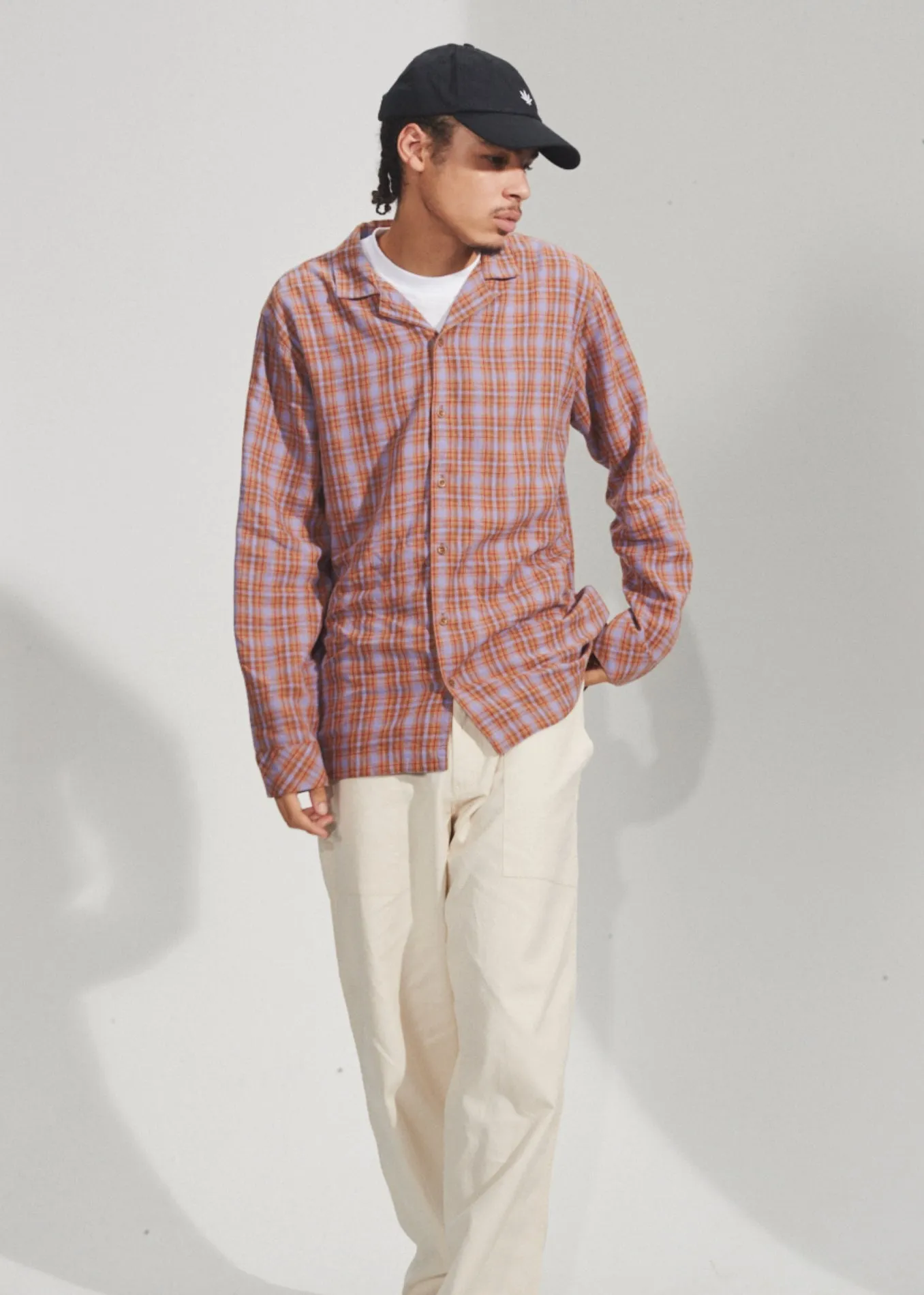 AFENDS Mens Colby - Check Cuban Long Sleeve Shirt - Plum