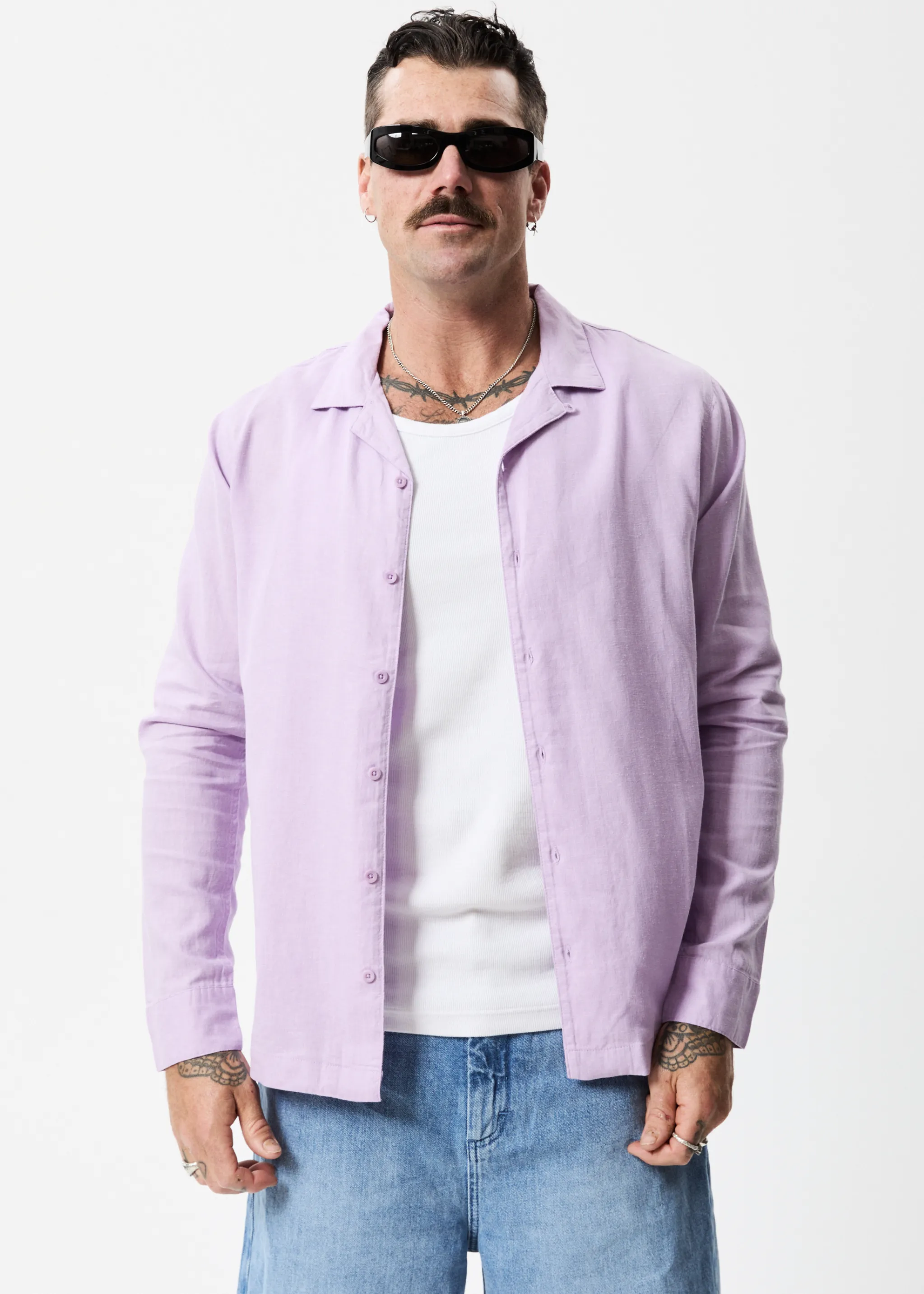 AFENDS Mens Critical - Cuban Long Sleeve Shirt - Orchid