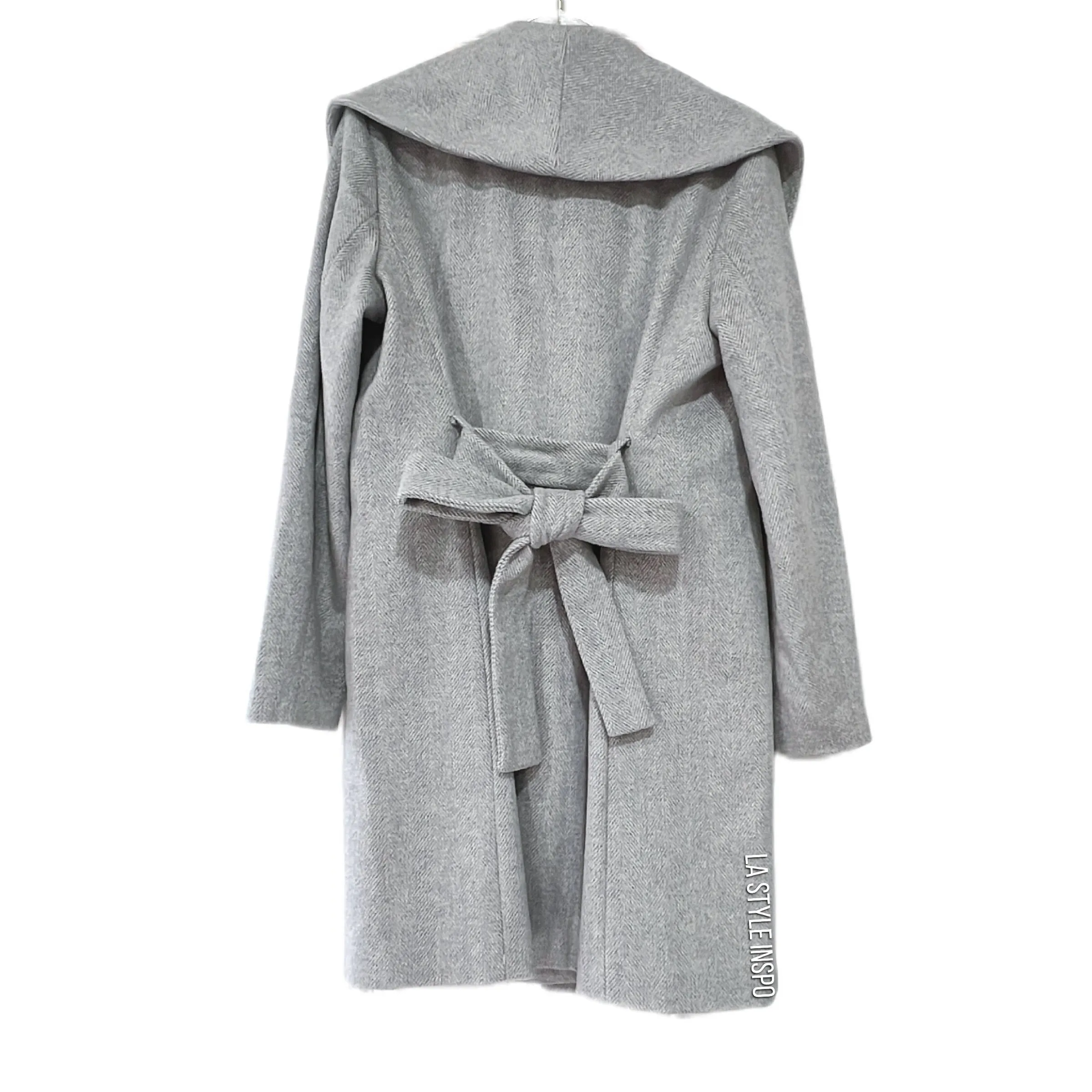 Ann Taylor Rayon Shad Collar Long Wrap Coat Belted Light Herringbone Gray Small