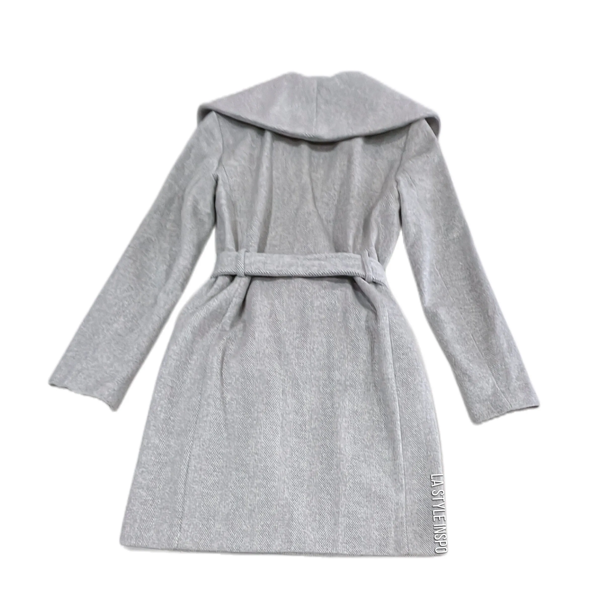 Ann Taylor Rayon Shad Collar Long Wrap Coat Belted Light Herringbone Gray Small