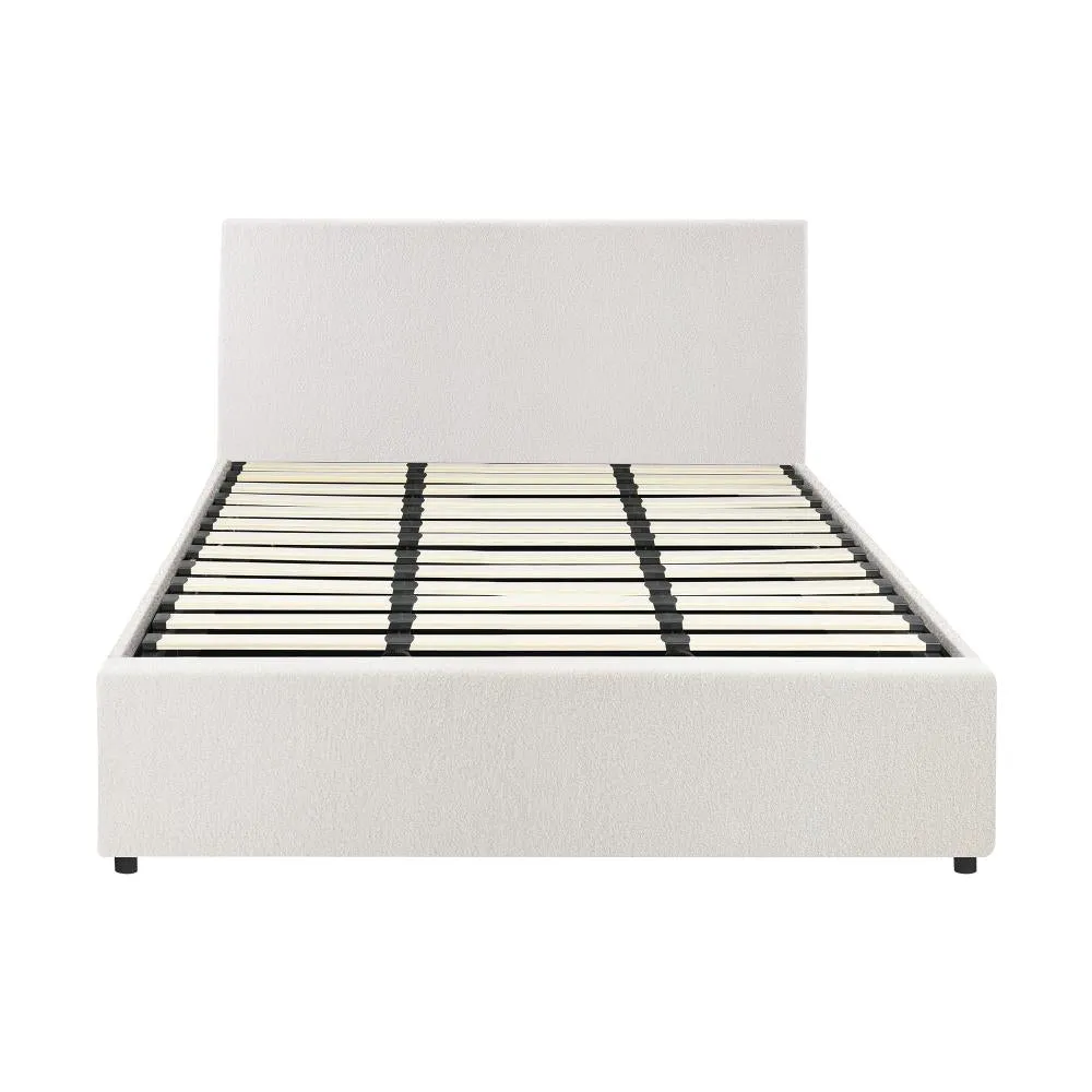 ASCOT Bed Frame Gas Lift Storage Base White Boucle