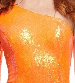 Ashley Lauren 11047 Size 6 Neon Orange One Long Bell Sleeve Flare Sequin Jumpsuit Pageant Wear