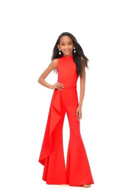 Ashley Lauren Kids 8158 Size  12 Neon Orange Girls Pageant Jumpsuit with Ruffle Side Scuba High Neckline