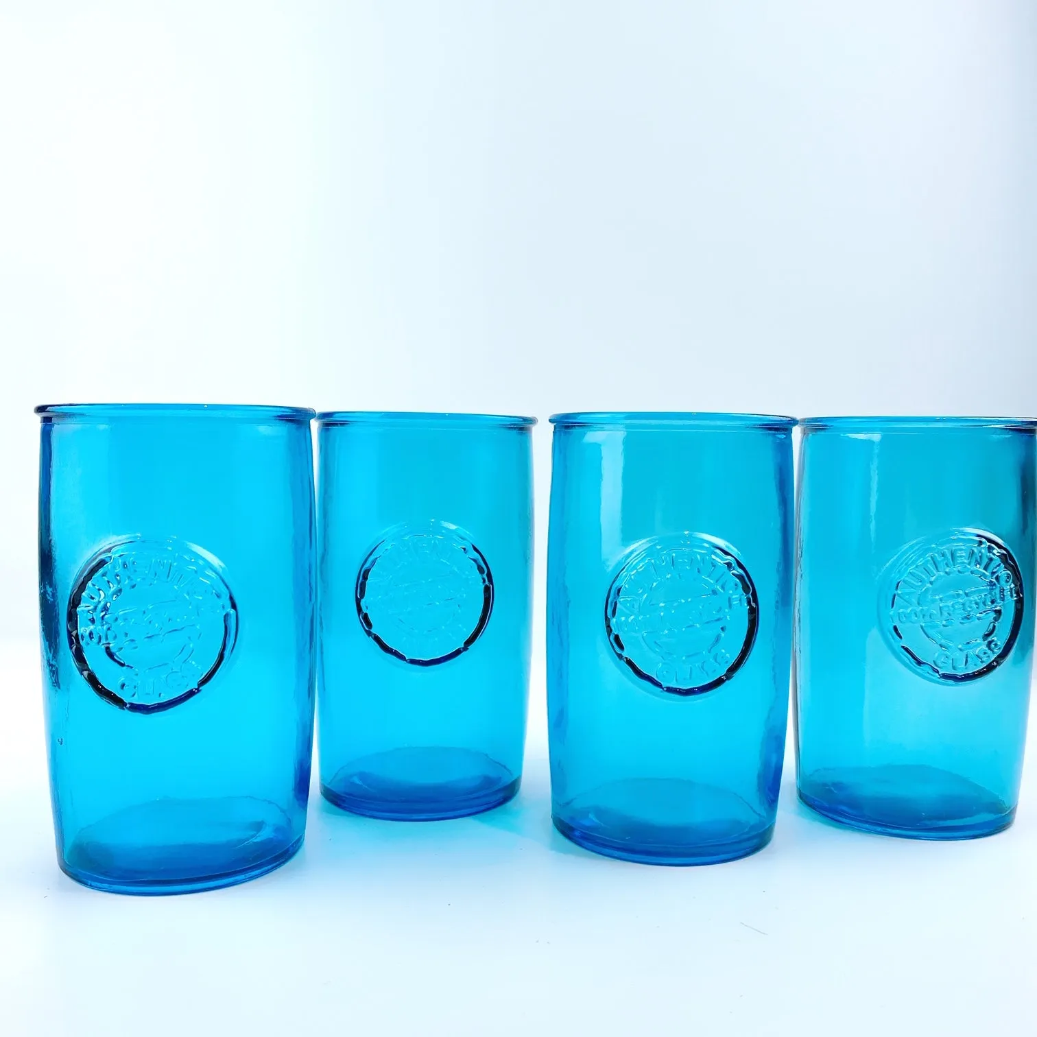 Authentic San Miguel Drinking Glasses 100% Recycled Glass Blue Long Cups - Set of 4 (16 oz)