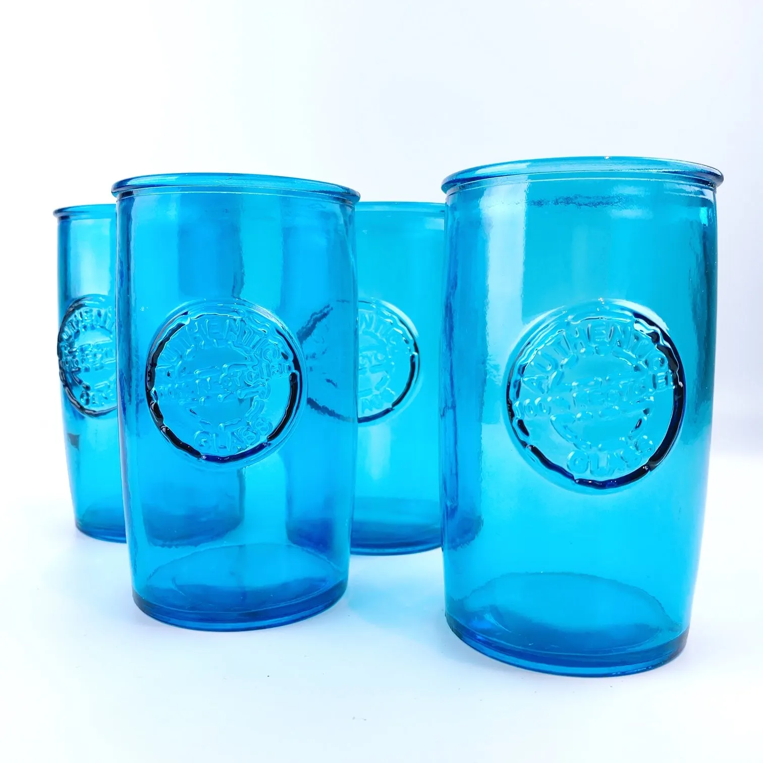 Authentic San Miguel Drinking Glasses 100% Recycled Glass Blue Long Cups - Set of 4 (16 oz)