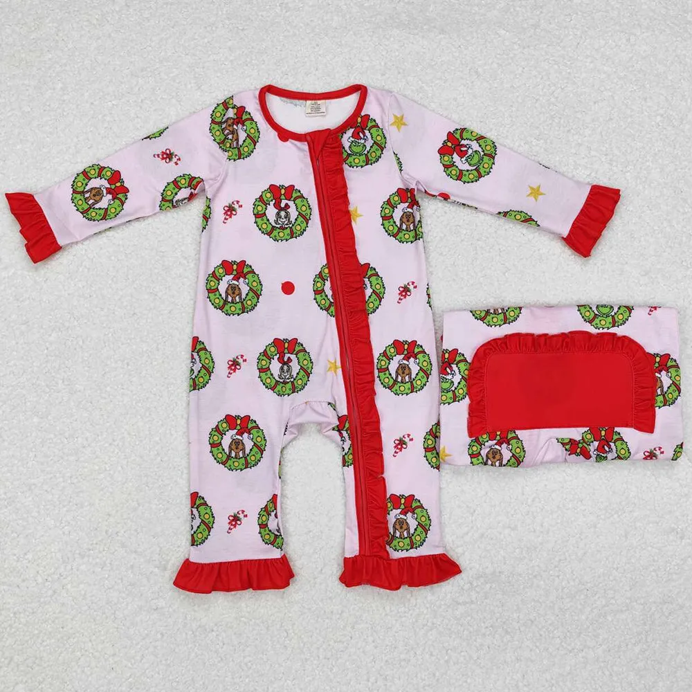 Baby Infant Girls Rompers Christmas Green Face Zip Rompers LR1664