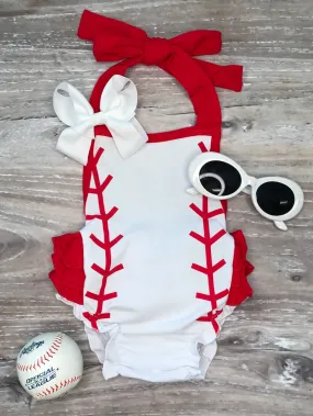 Baseball Stitch Red Halter Bubble Baby Romper