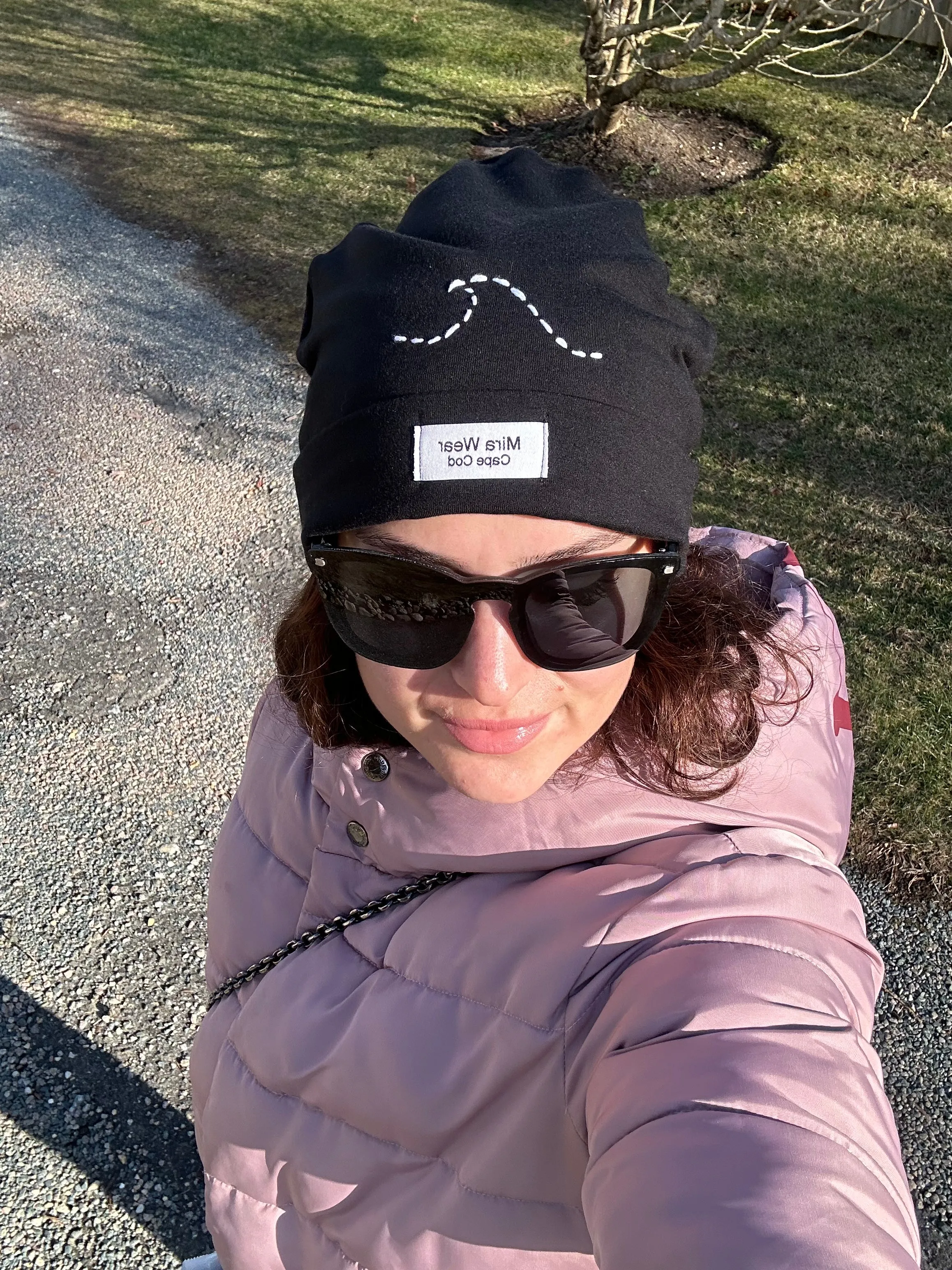 Black Beanie Hat with a White Wave Embroidery