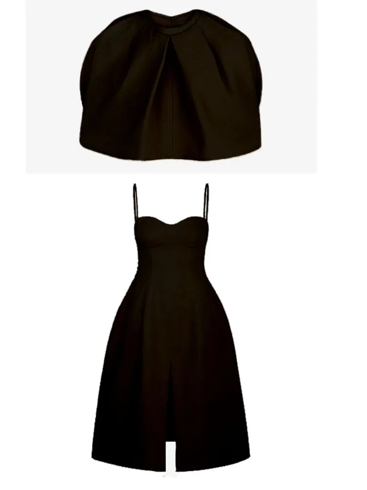 BLACK COCOON CAP AND SPAGHETTI STRAP DRESS TWO PIECE SET-AYE