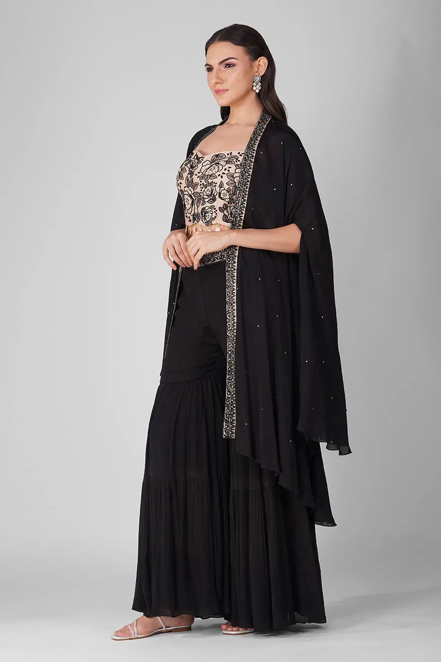 Black Embroidered Cape And Gharara Set