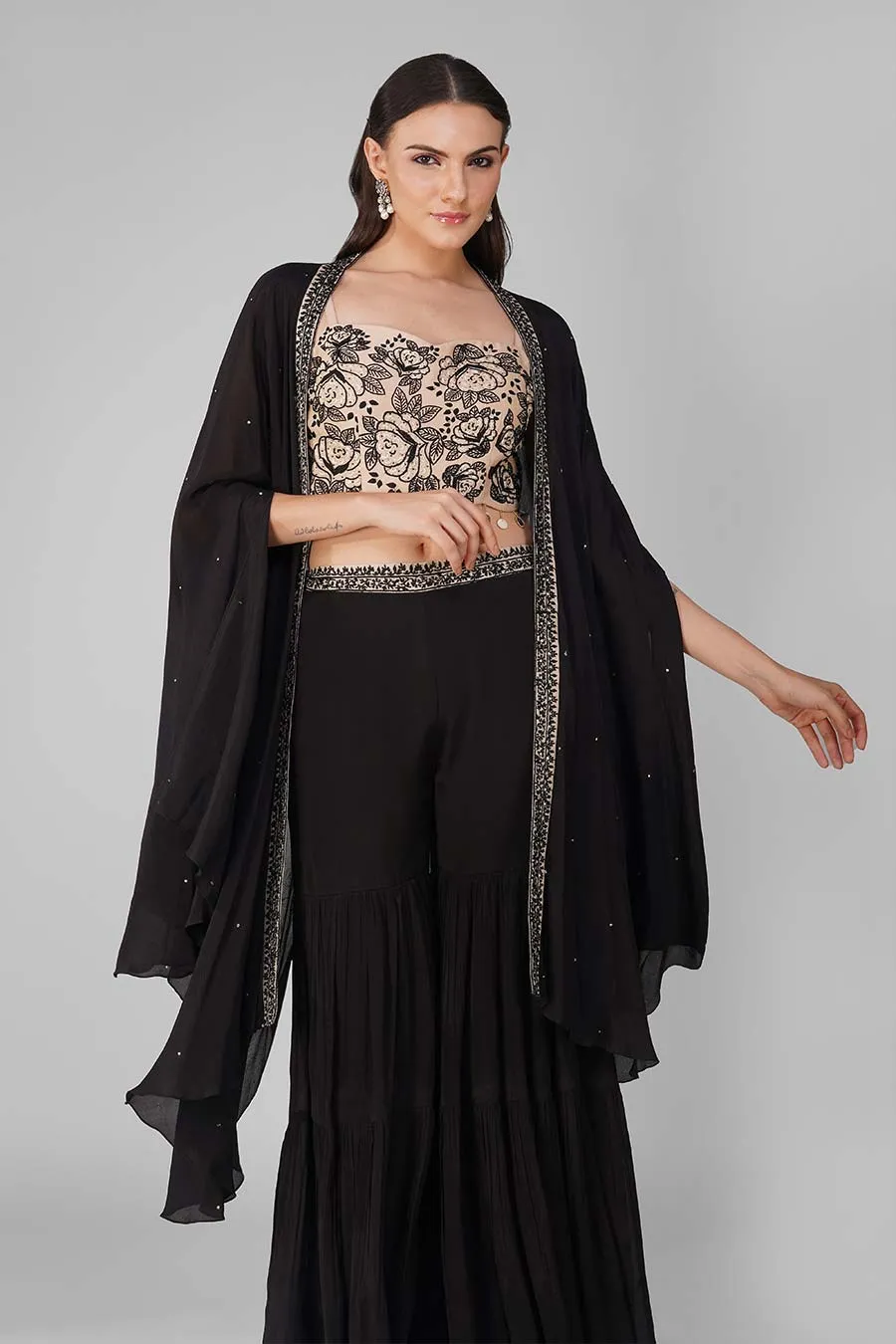 Black Embroidered Cape And Gharara Set