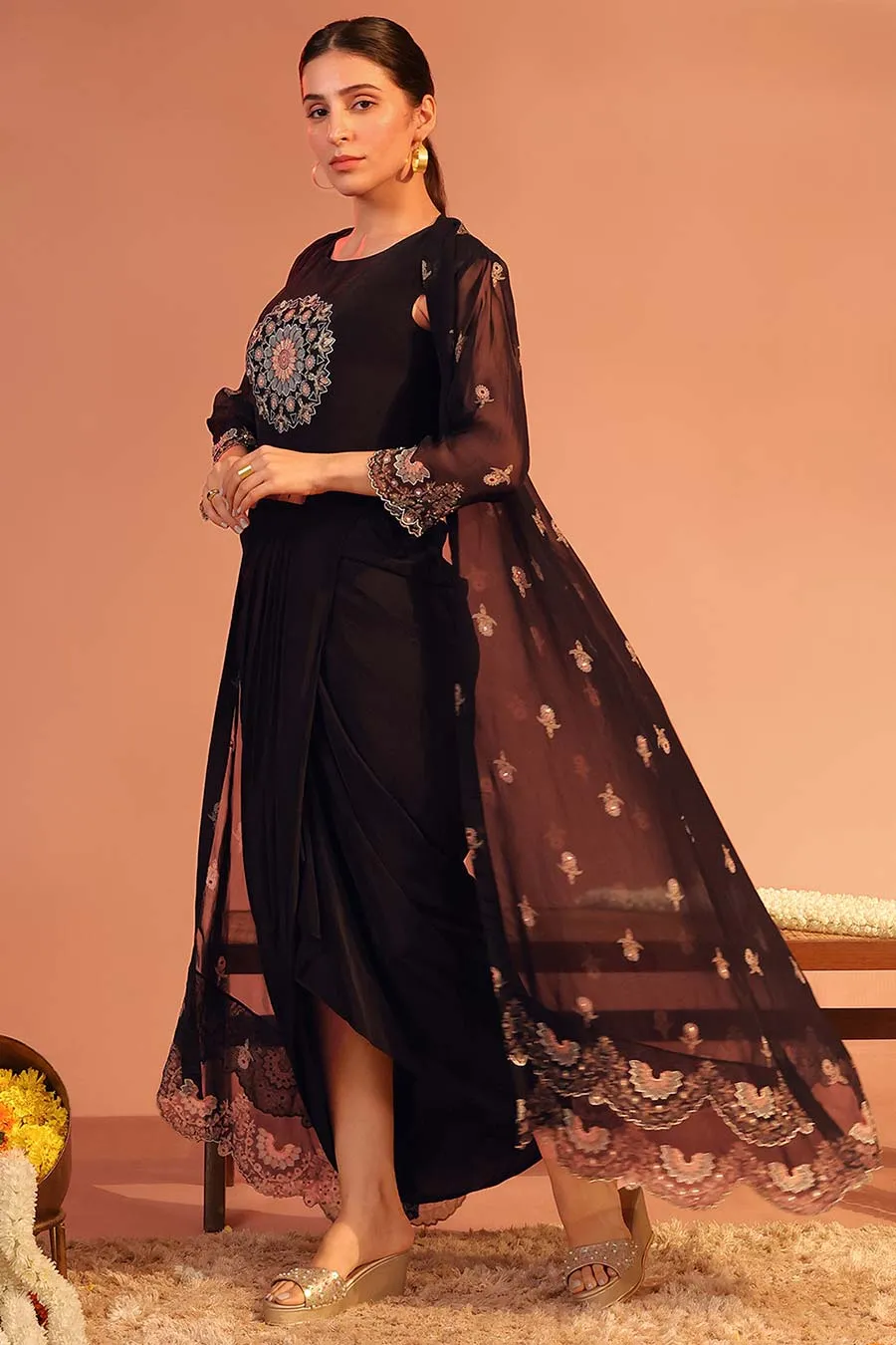 Black Eraya Embellished Drape Dress & Cape Set