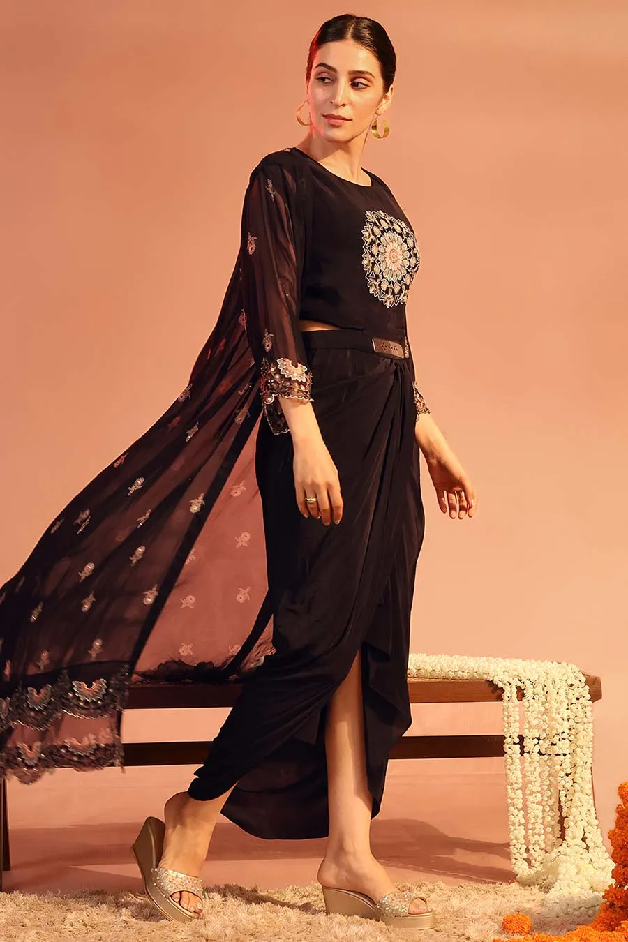 Black Eraya Embellished Drape Dress & Cape Set