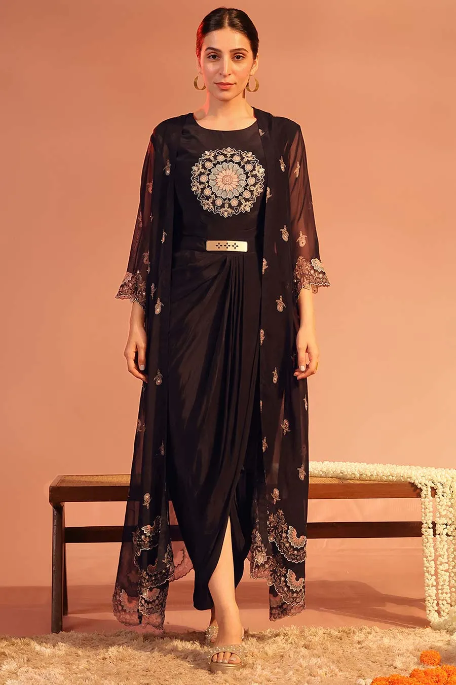 Black Eraya Embellished Drape Dress & Cape Set