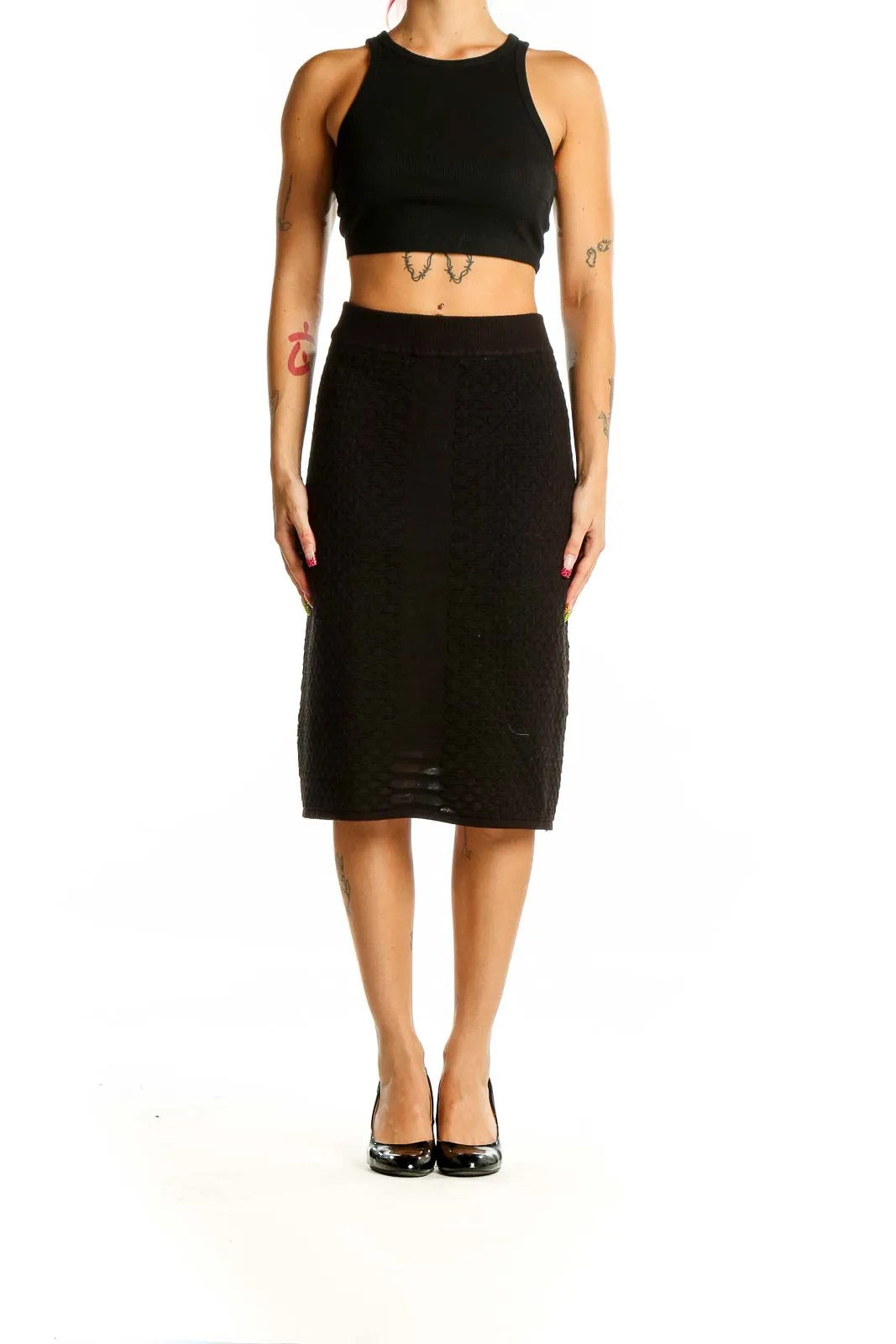 Black Textured Midi Skirt