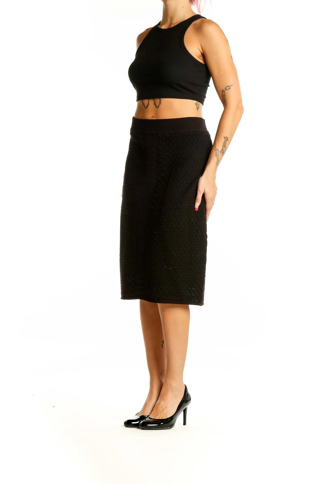 Black Textured Midi Skirt