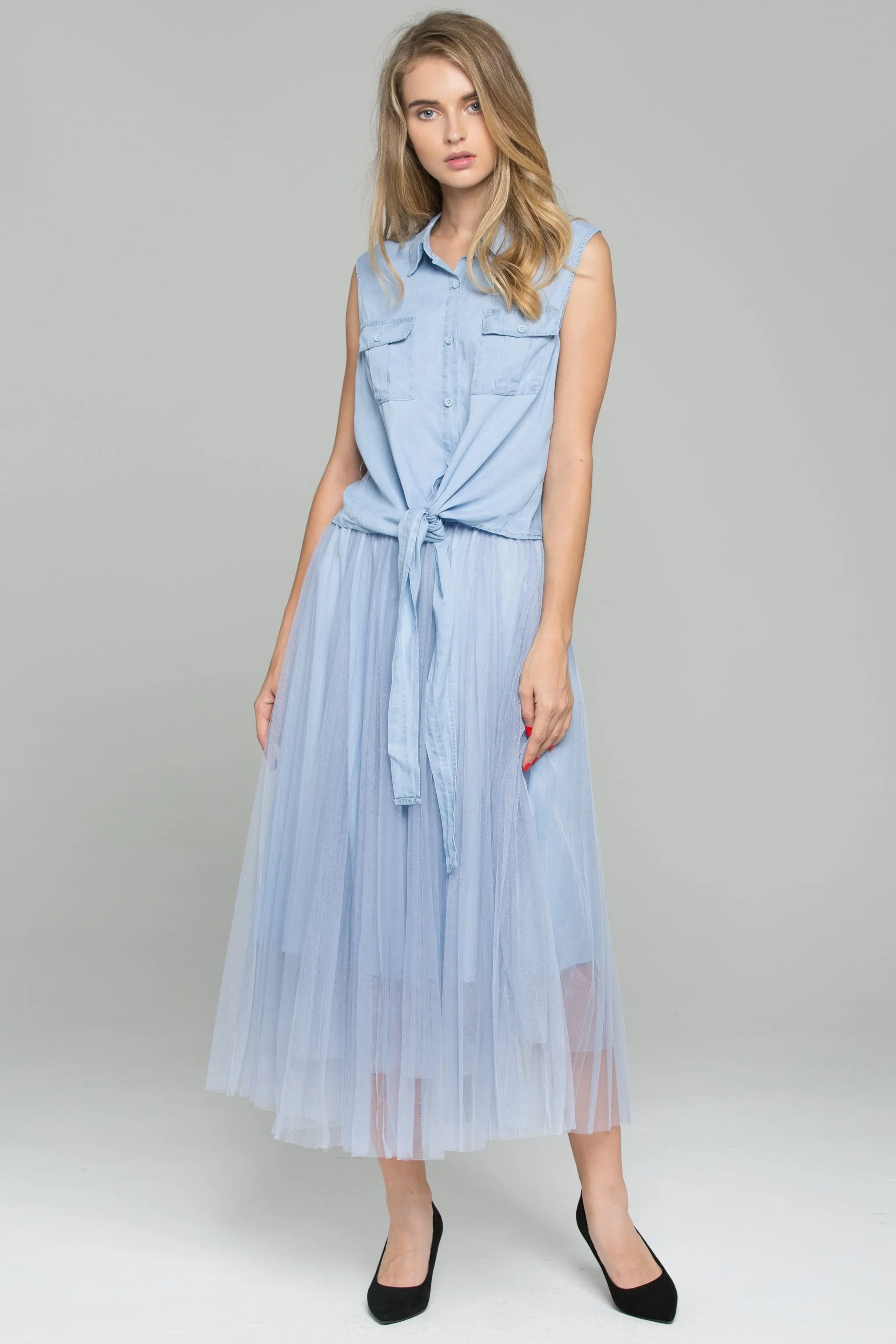 Blue Denim Front Tie Mesh Double Layer Pleated Midi Set