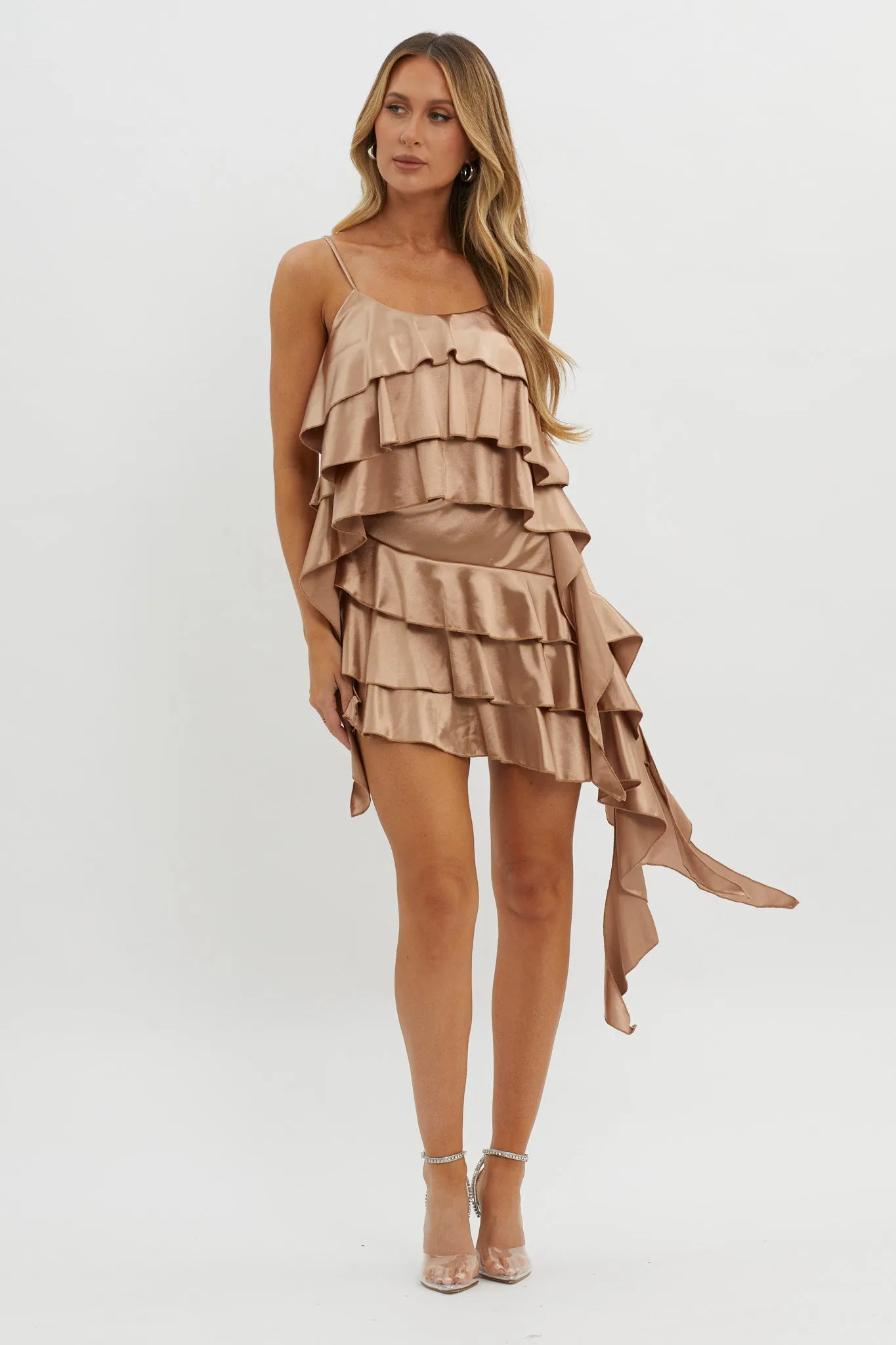 Class Act Layered Ruffle Mini Skirt Taupe