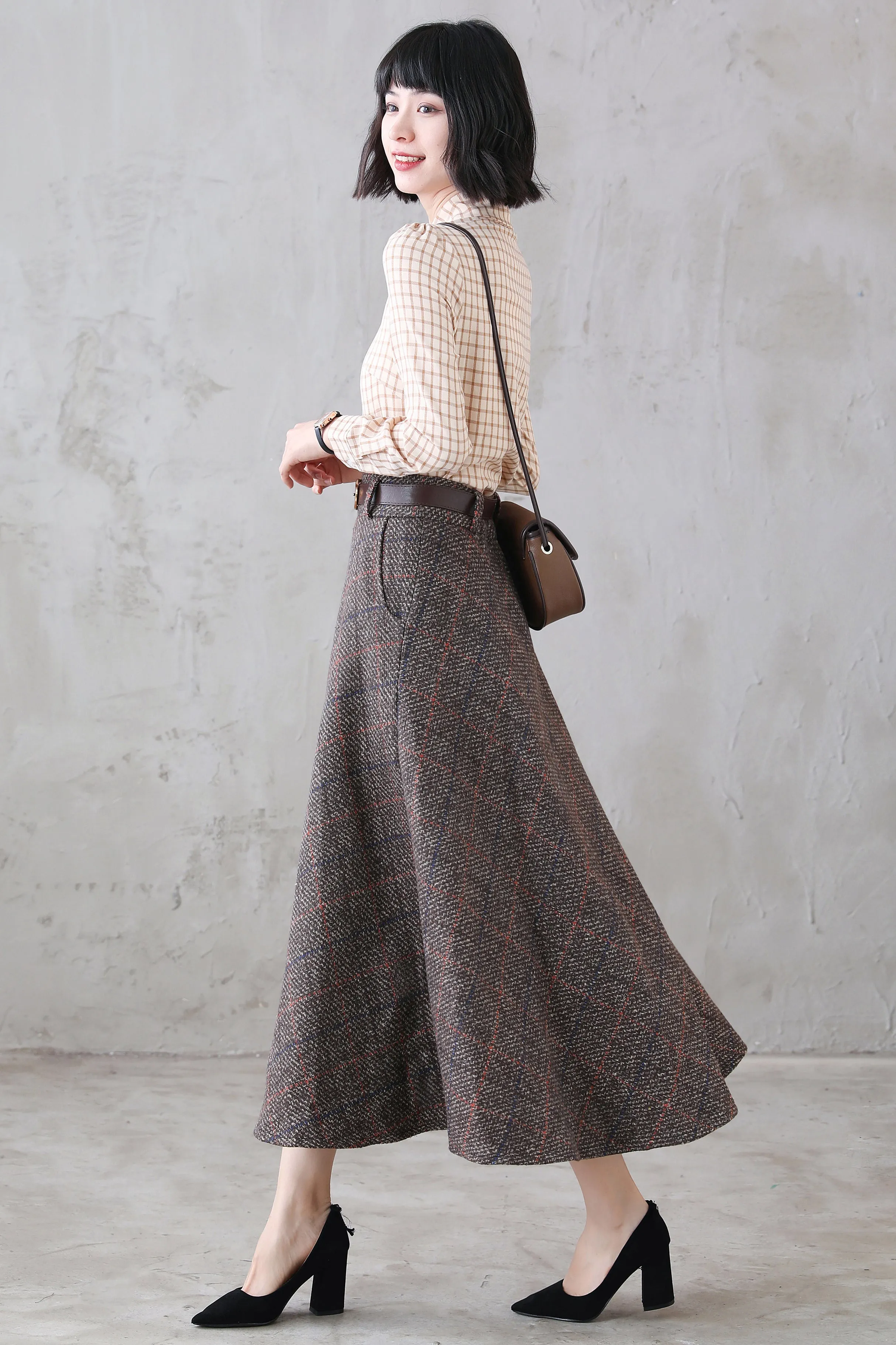 Coffee Plaid Wool Maxi Skirt, Retro Long Skirt 311901