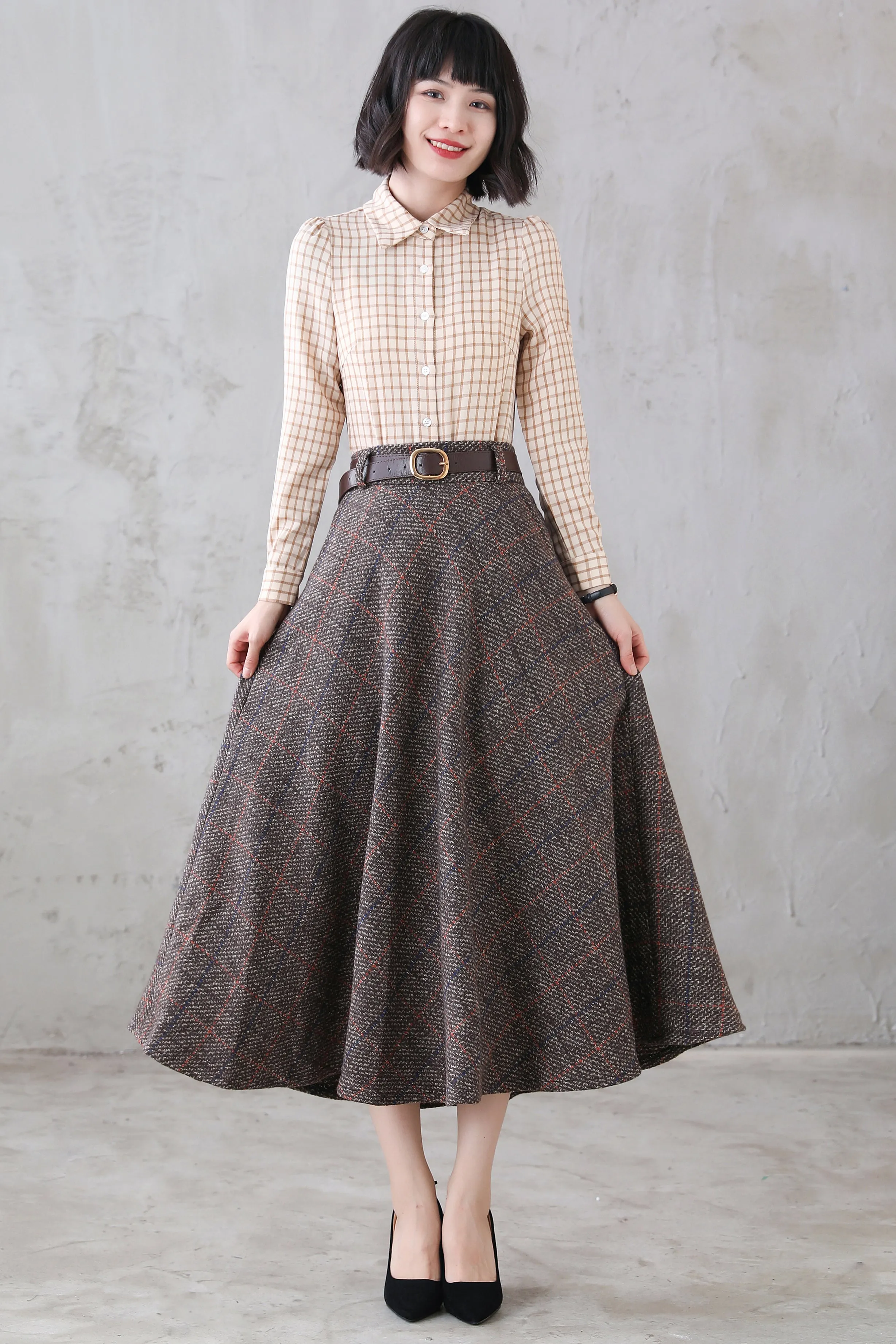 Coffee Plaid Wool Maxi Skirt, Retro Long Skirt 311901