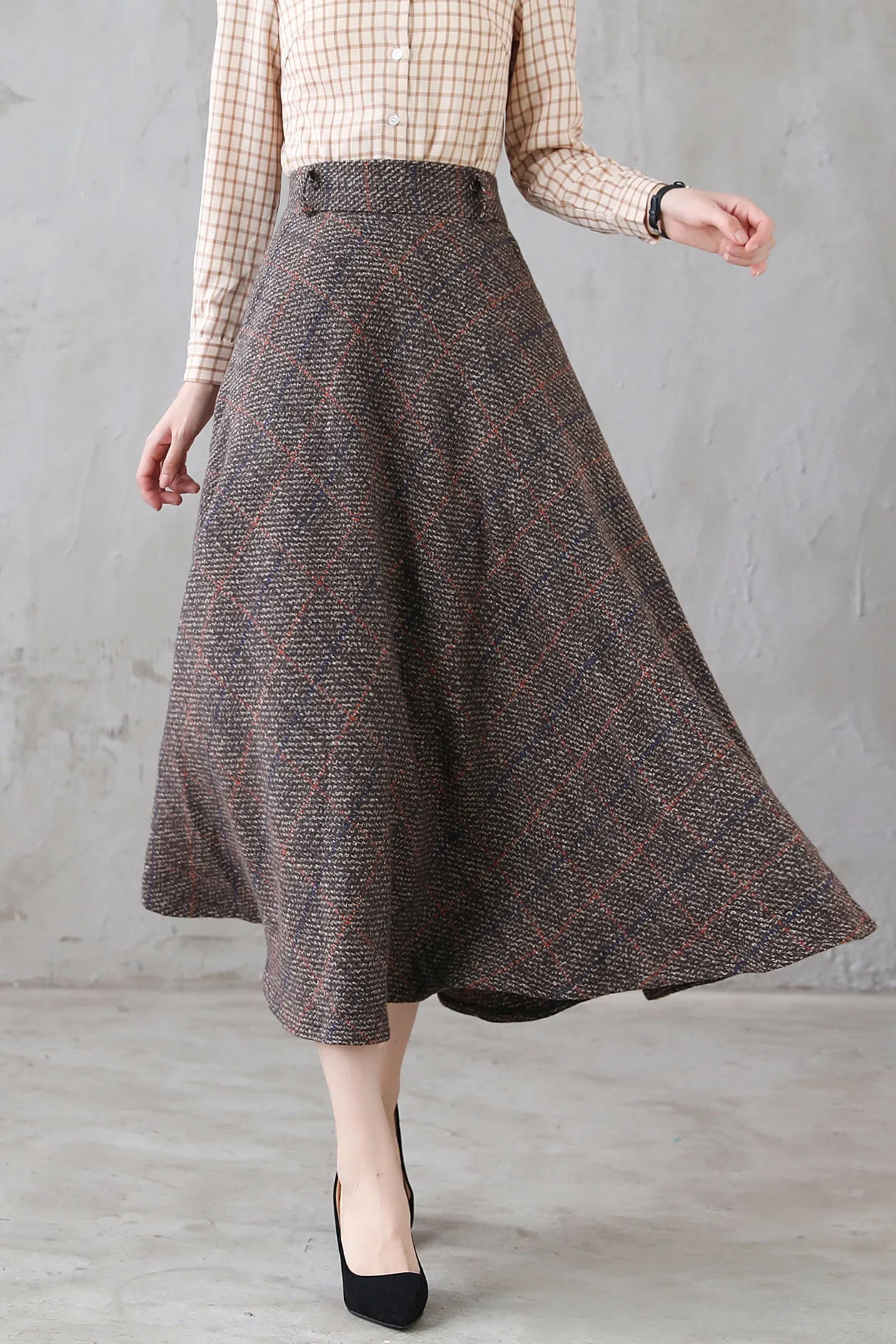 Coffee Plaid Wool Maxi Skirt, Retro Long Skirt 311901