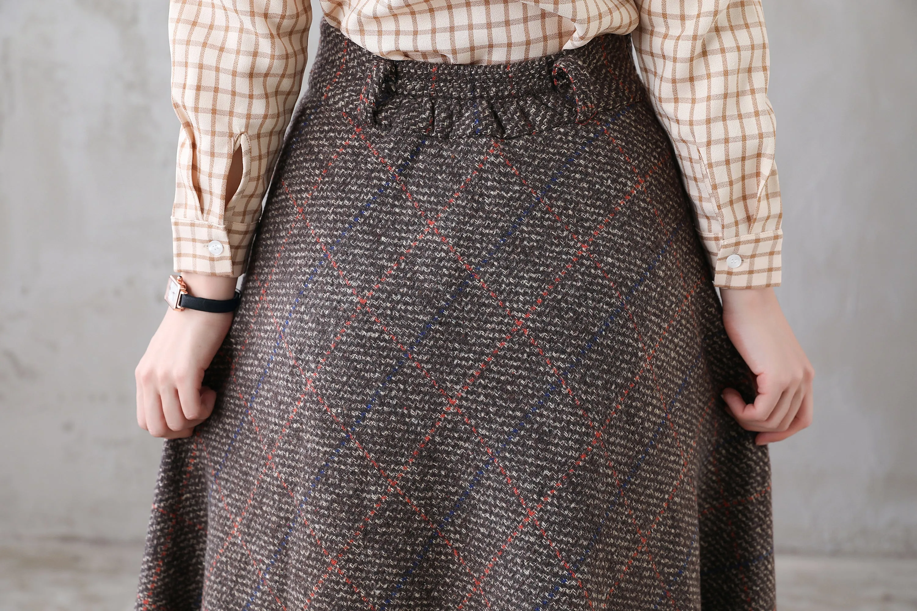 Coffee Plaid Wool Maxi Skirt, Retro Long Skirt 311901