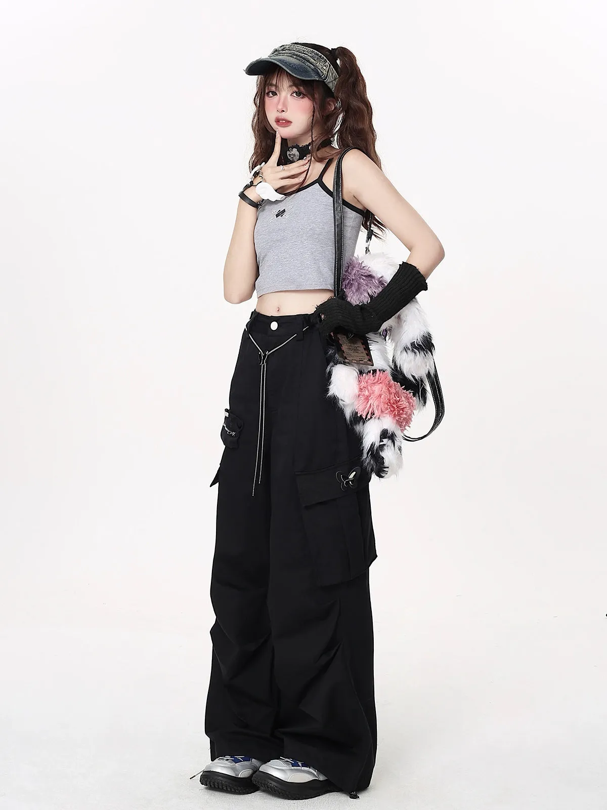 CrazyGirl Kawaii Goth Punk Casual Street Cargo Trousers Waist Chain