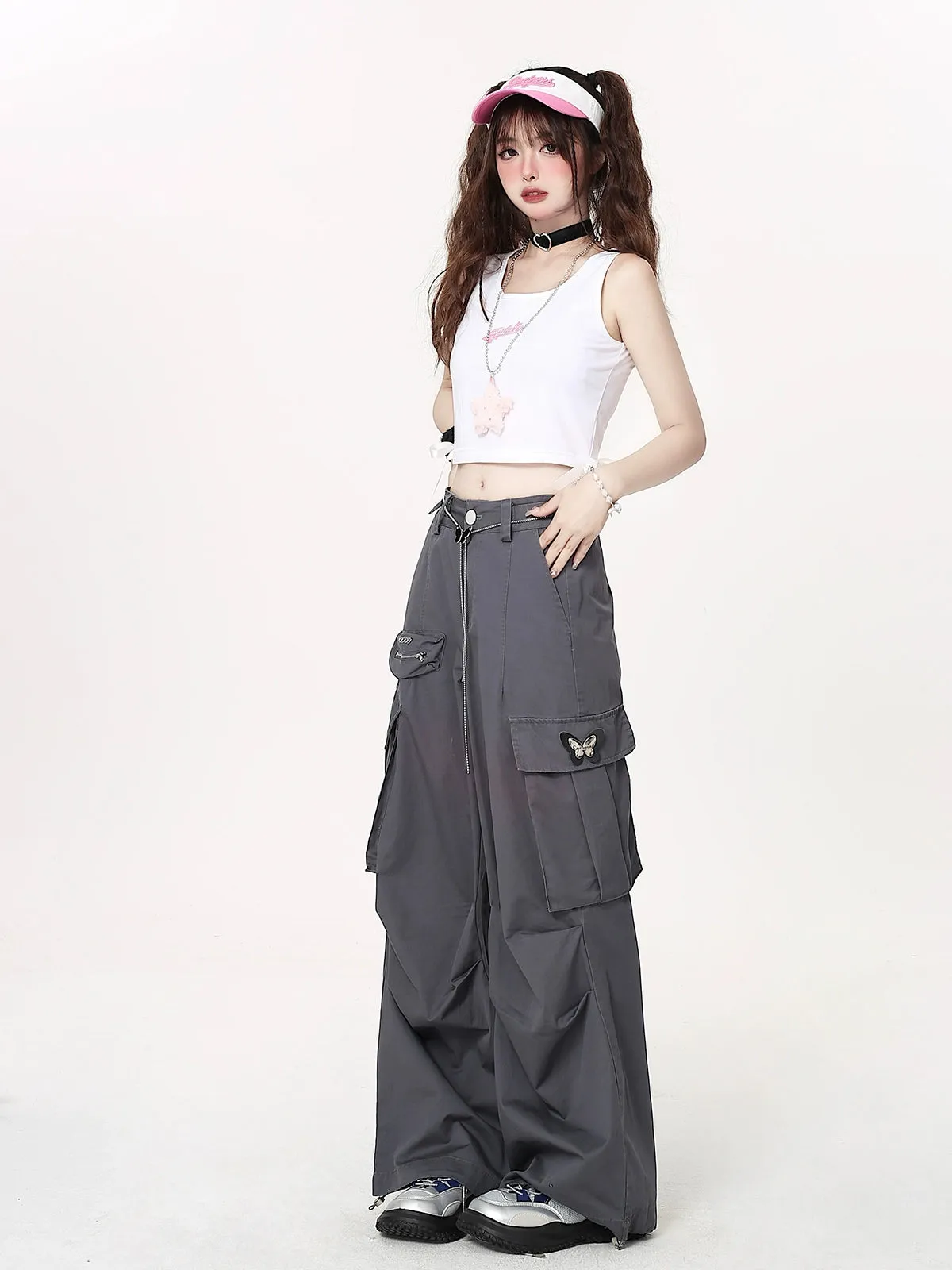 CrazyGirl Kawaii Goth Punk Casual Street Cargo Trousers Waist Chain