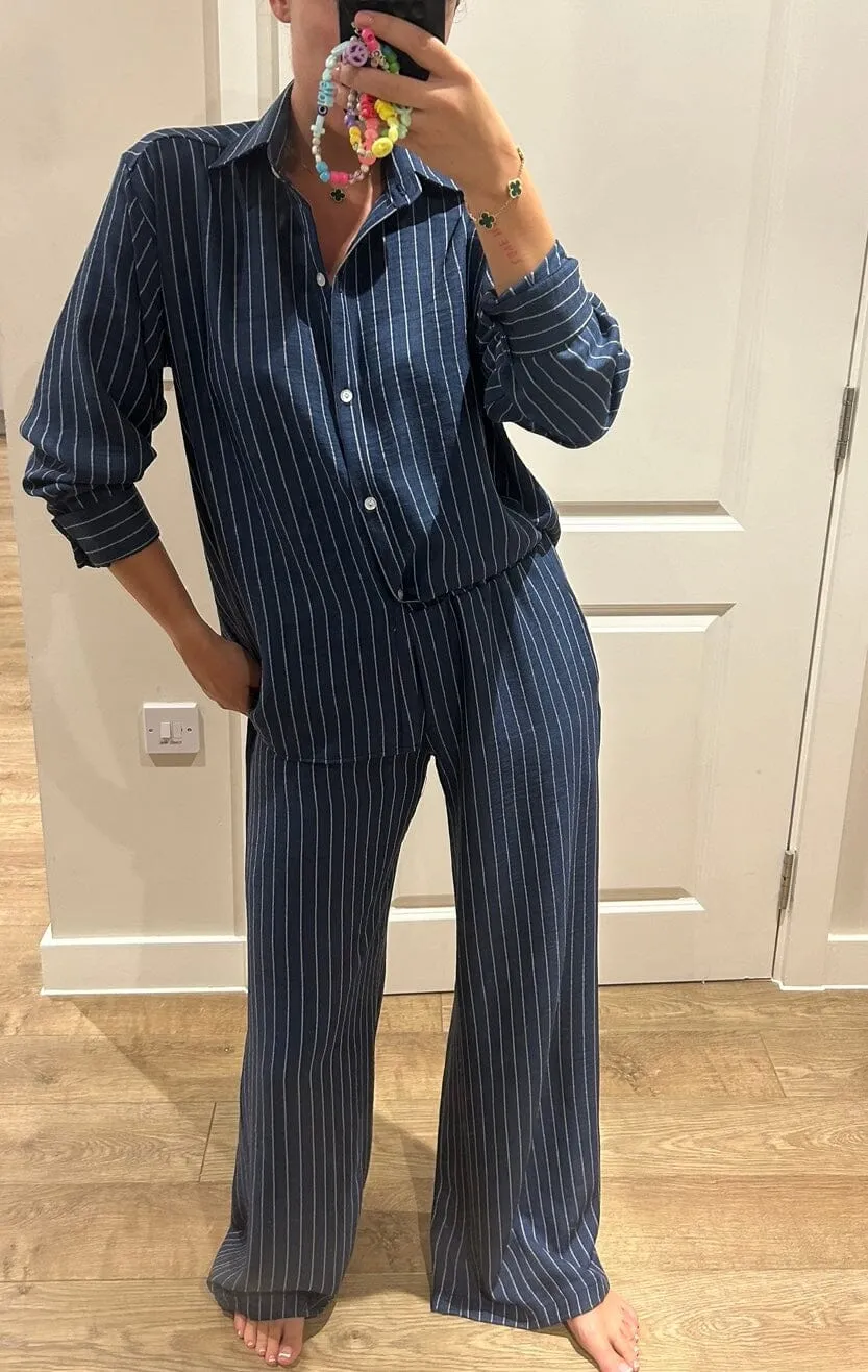 Dark Denim Blue Pinstripe Oversized Shirt and Trouser Suit