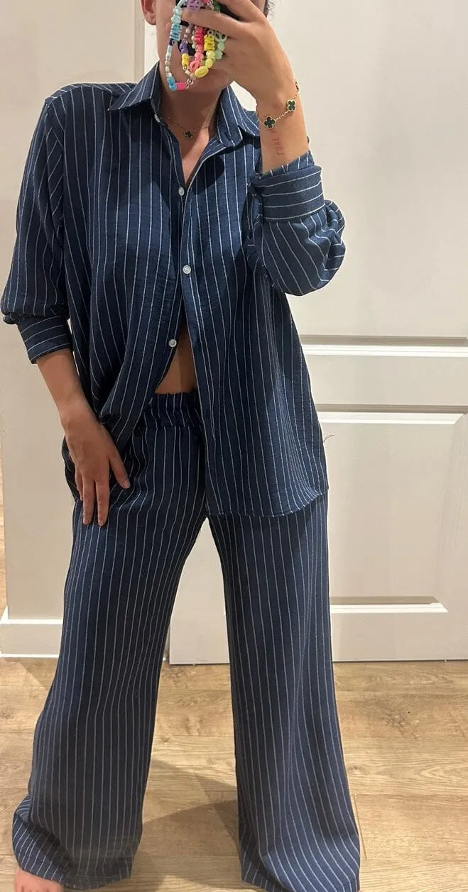 Dark Denim Blue Pinstripe Oversized Shirt and Trouser Suit