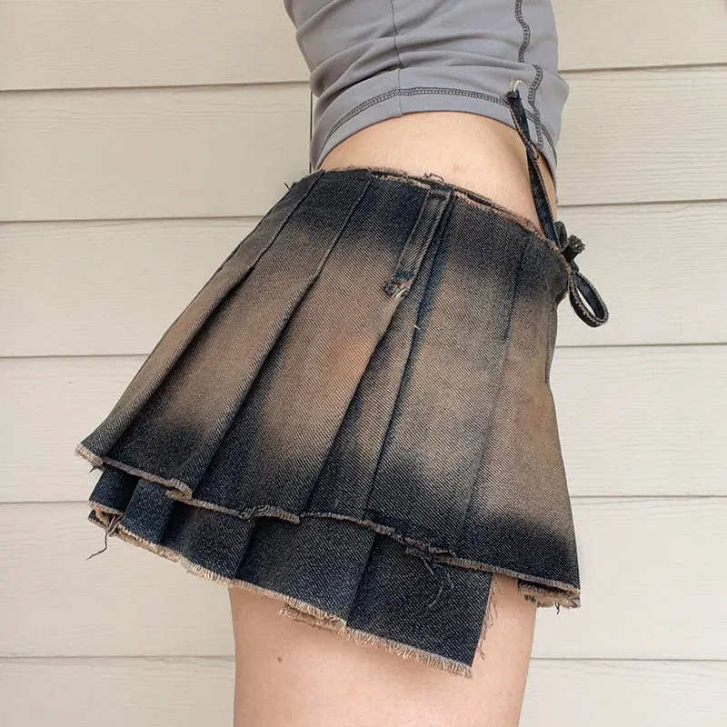 Distressed Multi-layered Pleated Denim Mini Skirt