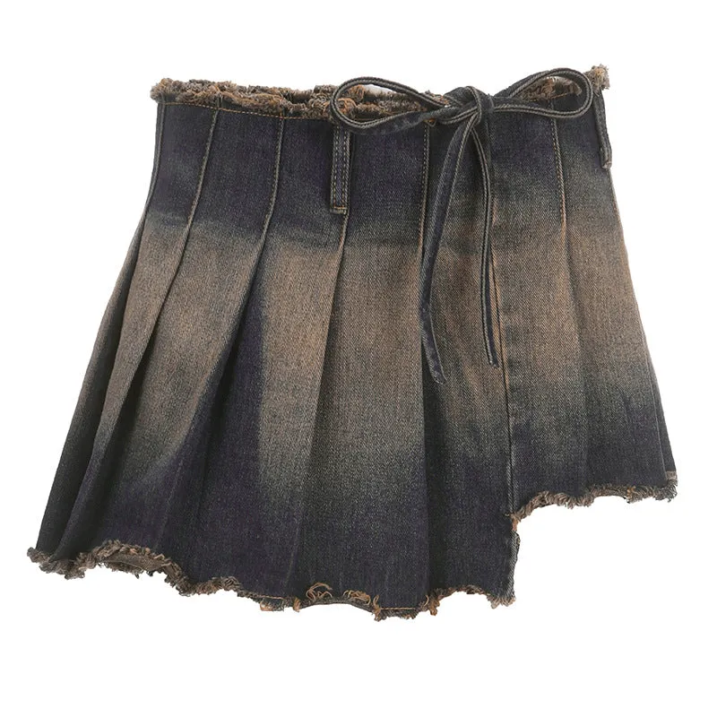 Distressed Multi-layered Pleated Denim Mini Skirt