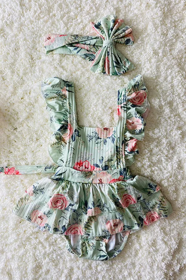 DLH1215-28 Aqua floral print ruffle baby romper w/matching headband