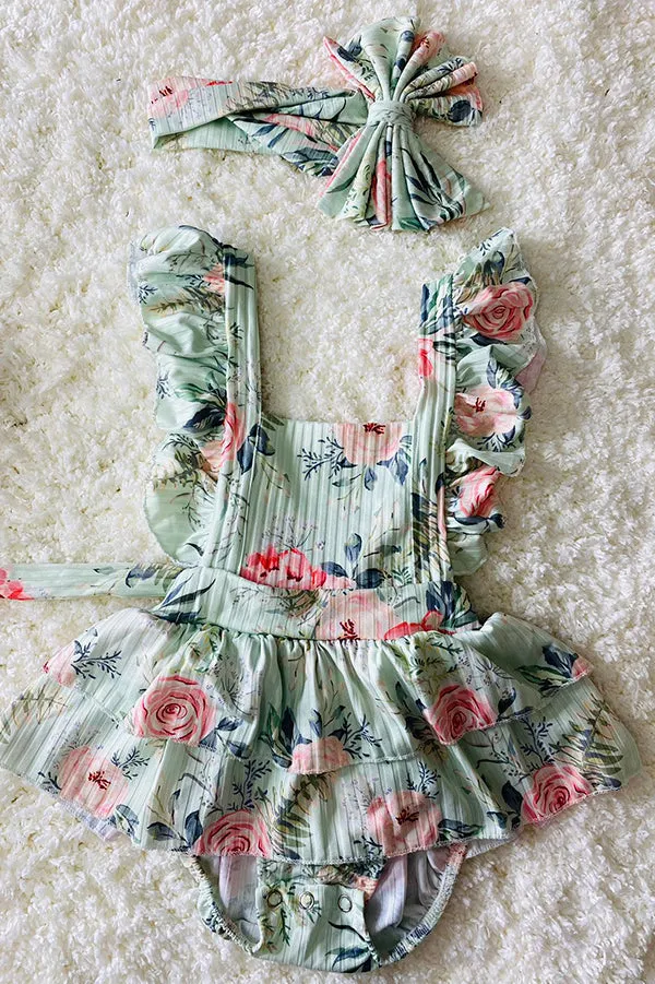 DLH1215-28 Aqua floral print ruffle baby romper w/matching headband