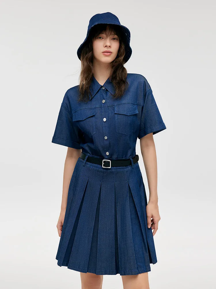 Double-Layer Denim Women Mini Dress With Belt