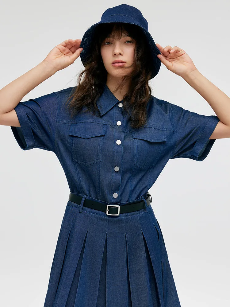 Double-Layer Denim Women Mini Dress With Belt