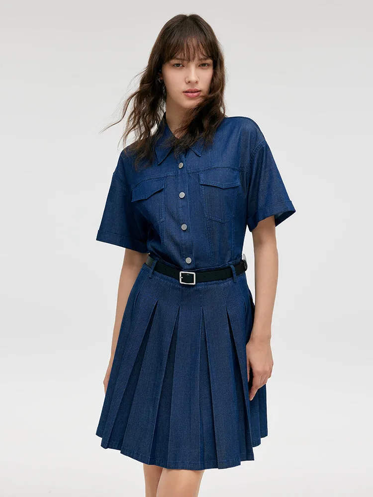 Double-Layer Denim Women Mini Dress With Belt