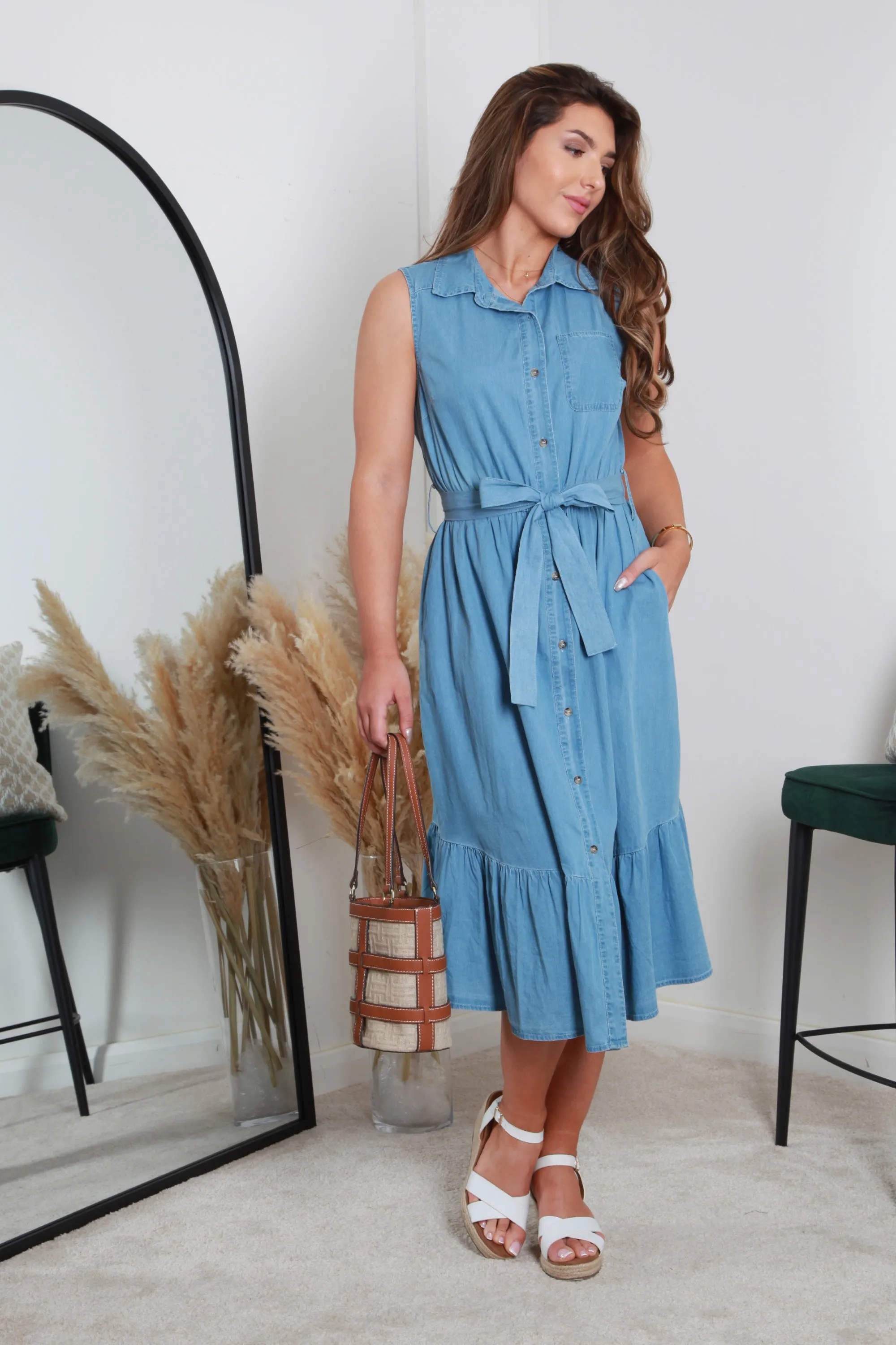 Double Second Belted Denim Chambray Shirt Dress