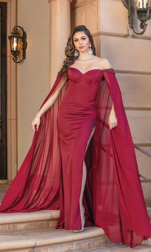 DQ 4306 Size 4 Red Pageant Gown Long Fitted Maxi Slit Off the shoulder Cape Prom Dress Rhinestone