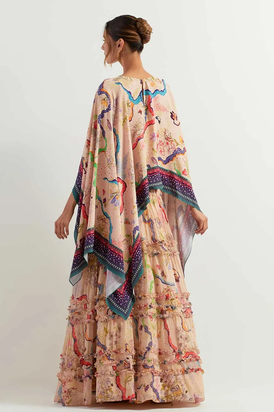 Eclectic Printed Asymmetric Cape & Ruffle Skirt Set