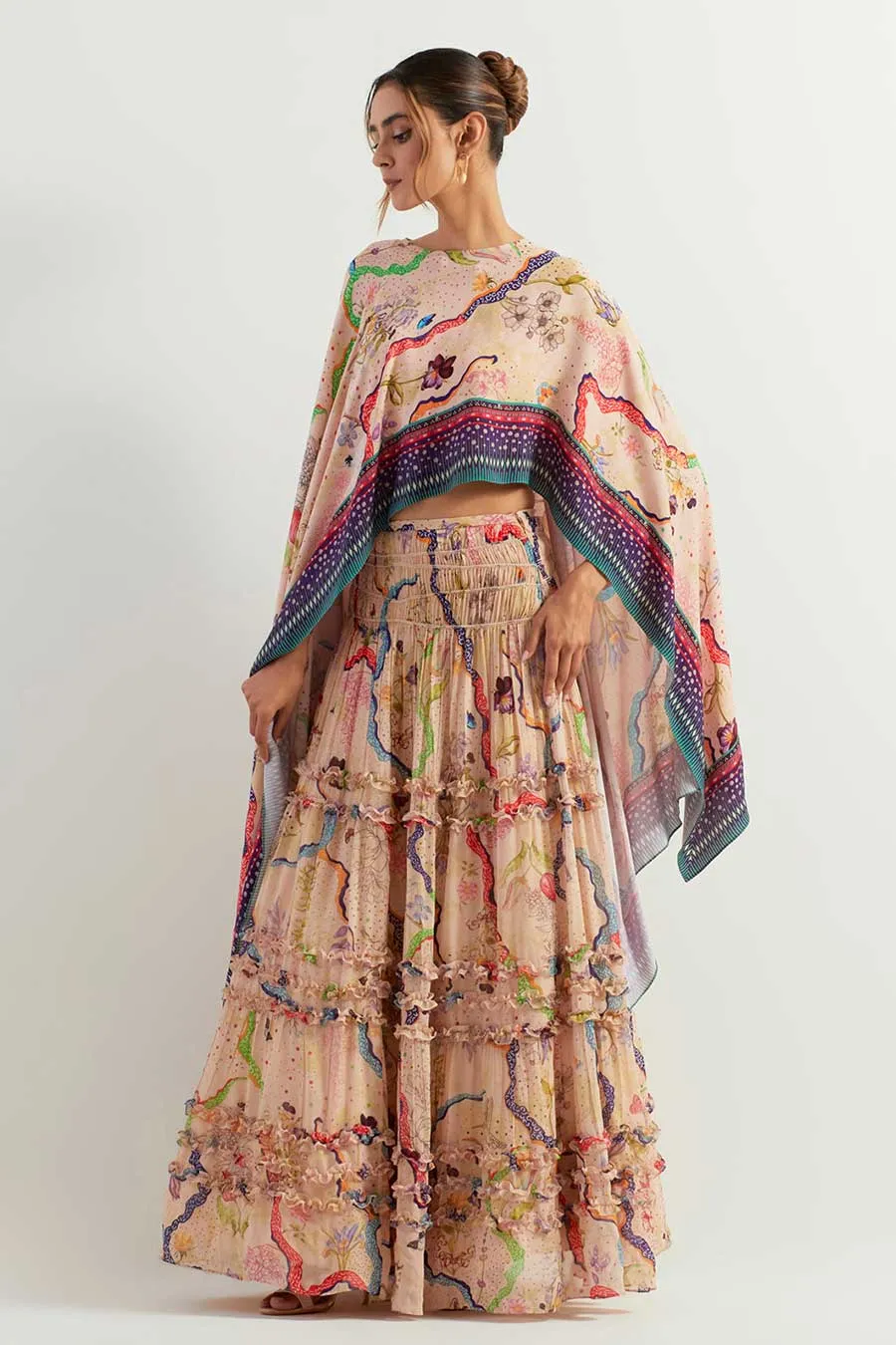 Eclectic Printed Asymmetric Cape & Ruffle Skirt Set