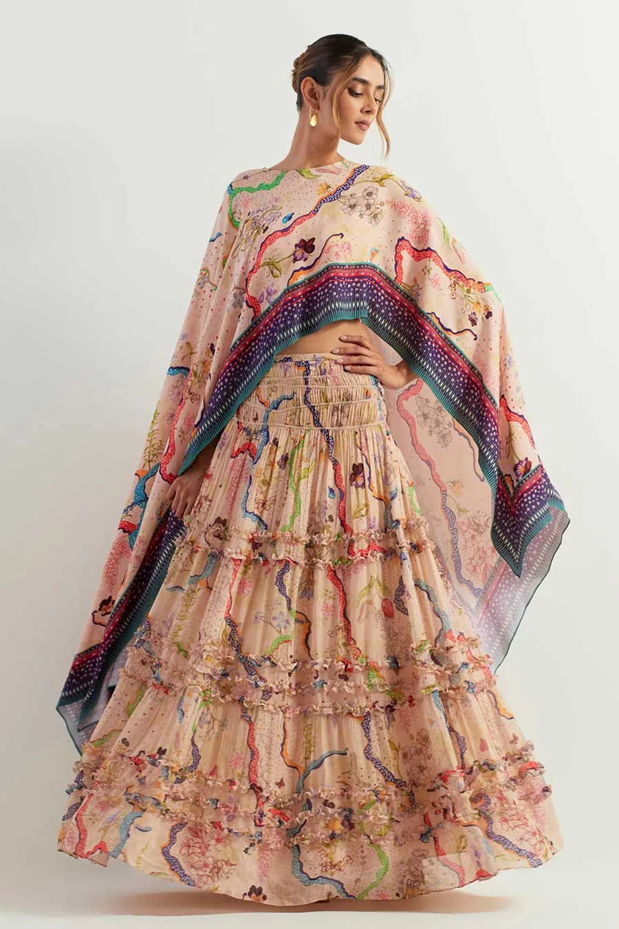 Eclectic Printed Asymmetric Cape & Ruffle Skirt Set