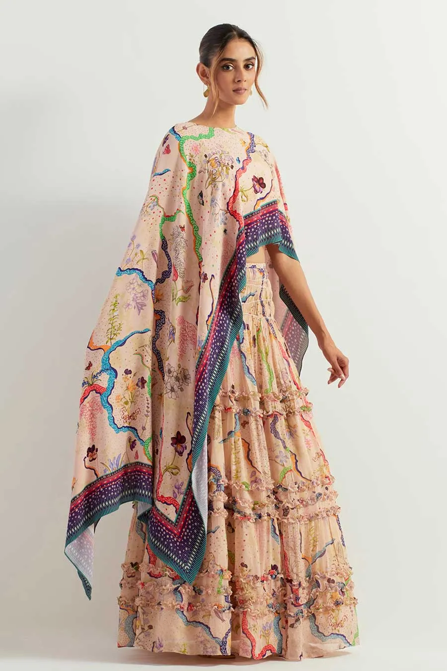 Eclectic Printed Asymmetric Cape & Ruffle Skirt Set