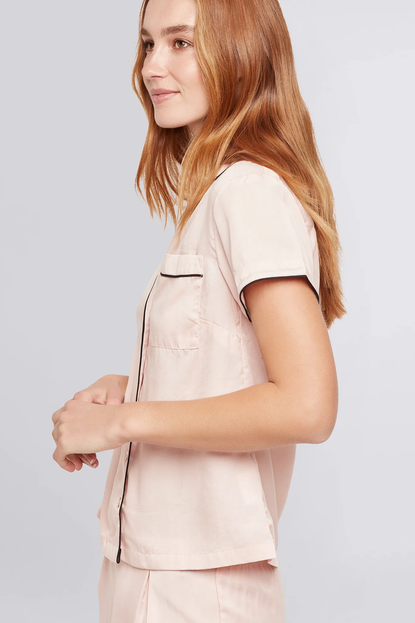 Eva Short Sleeve with Long Pant Tencel™ Pyjama Set - Blush with Black Piping