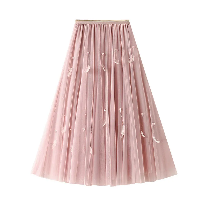 Fairy A-line Skirt Mid-length Swing Skirt High Waist Feather Tutu Skirt 773