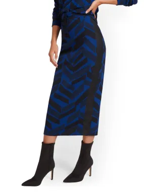 Faux-Leather Inset Geometric-Print Pencil Midi Skirt