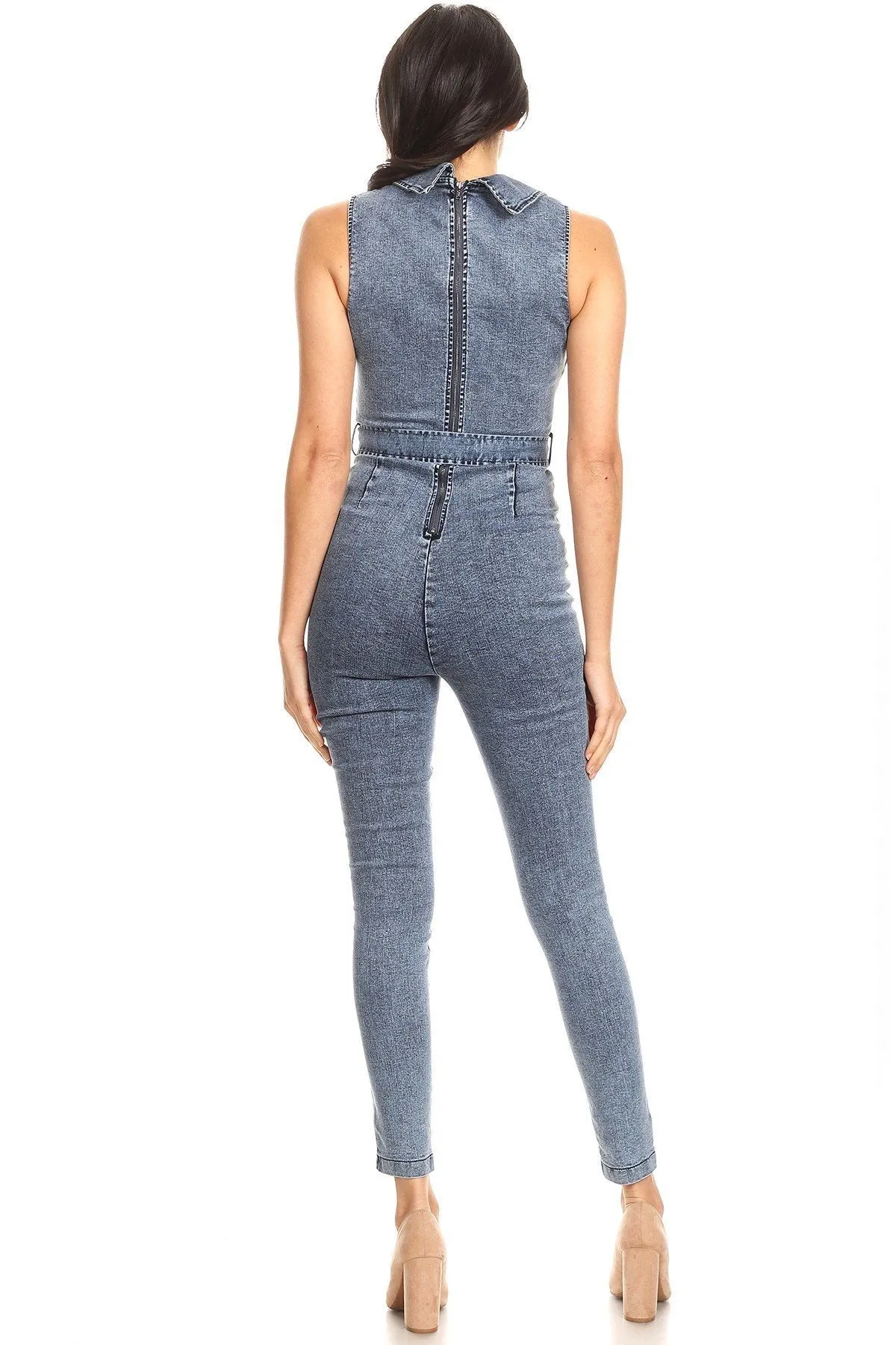 Fitted Denim Jumpsuit With Waist Tie, Button Down Detail, And Collar